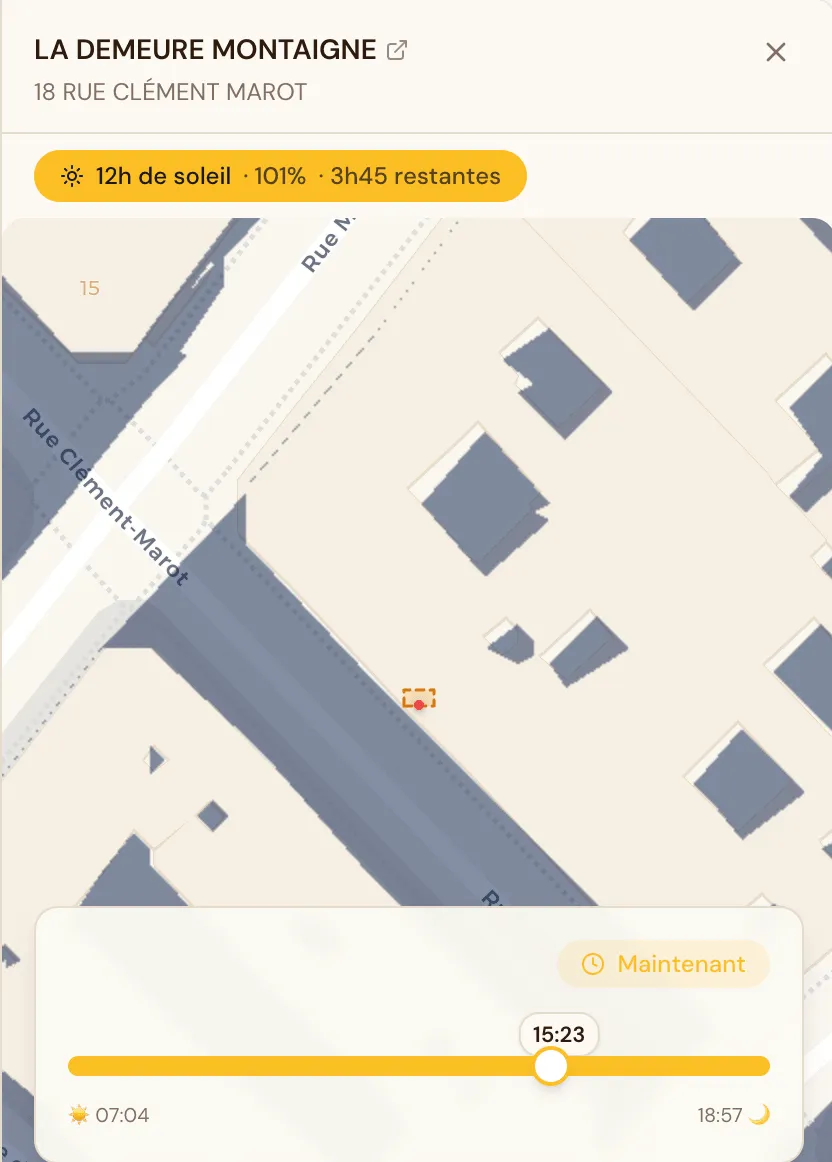 ShadeMap detail showing a terrace pin landing on a rooftop instead of the sidewalk